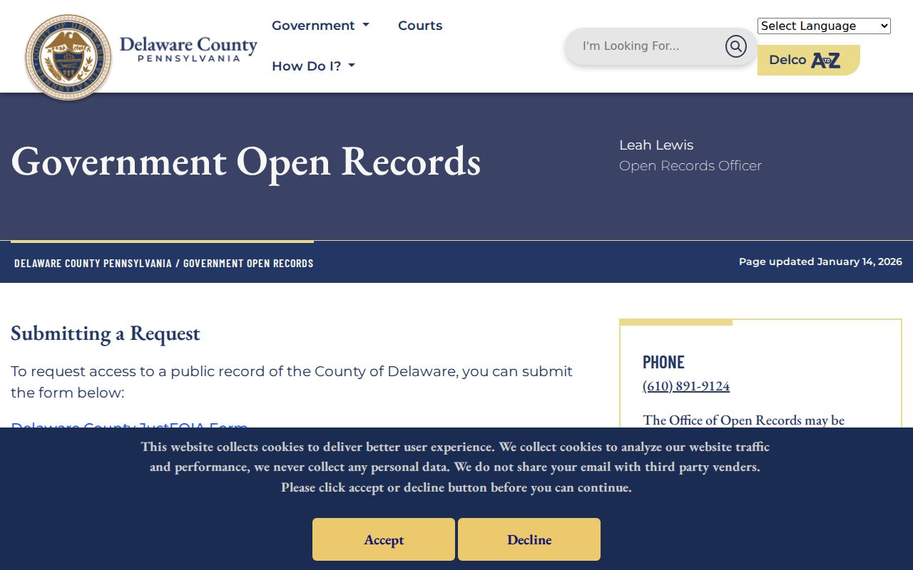 Chester residents directory Delaware County open-records request portal