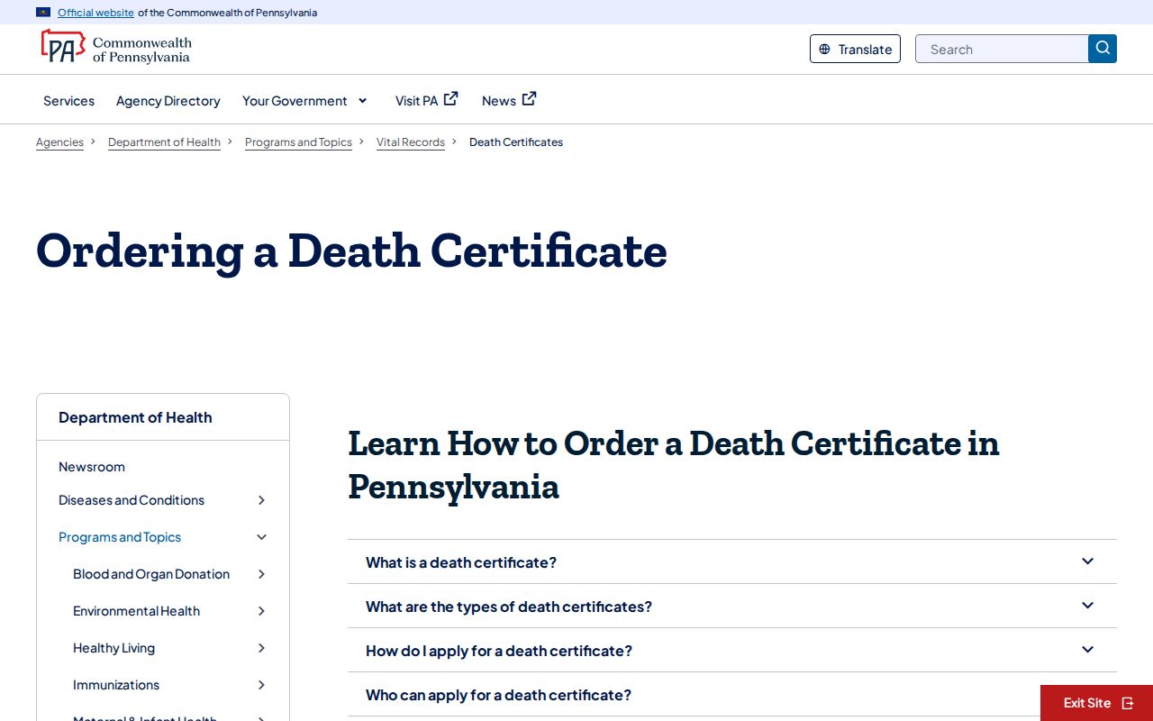 Chester residents directory Pennsylvania death-certificate ordering information