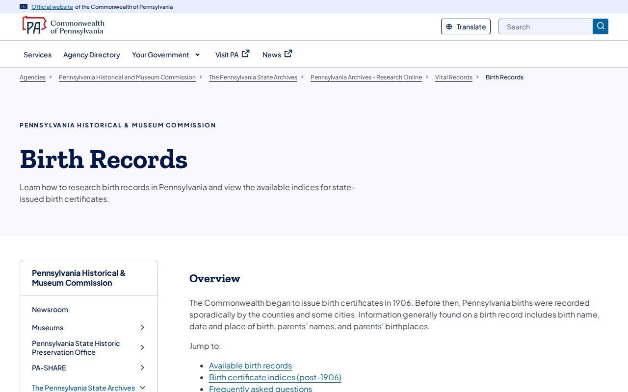 Chester residents directory Pennsylvania State Archives birth-record access guide