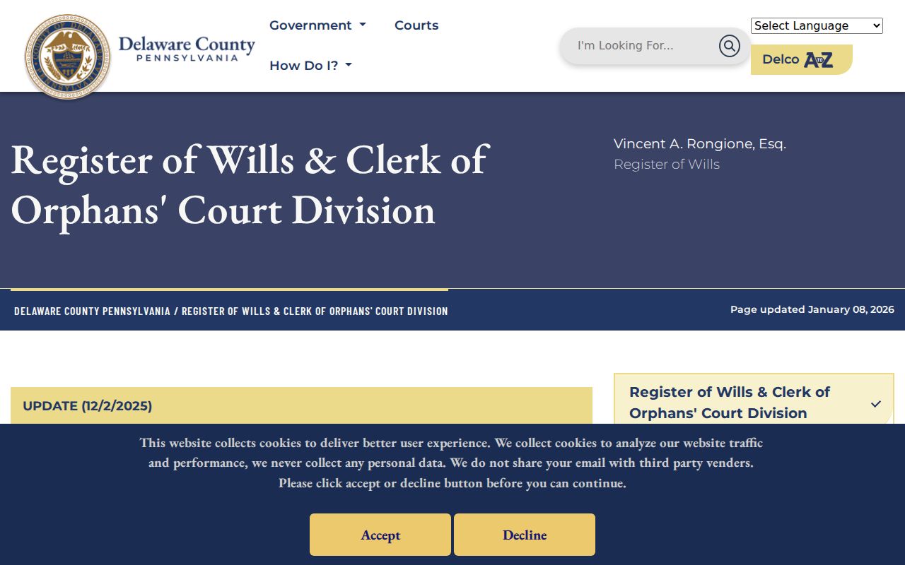 Chester residents directory Register of Wills and Orphans Court records office