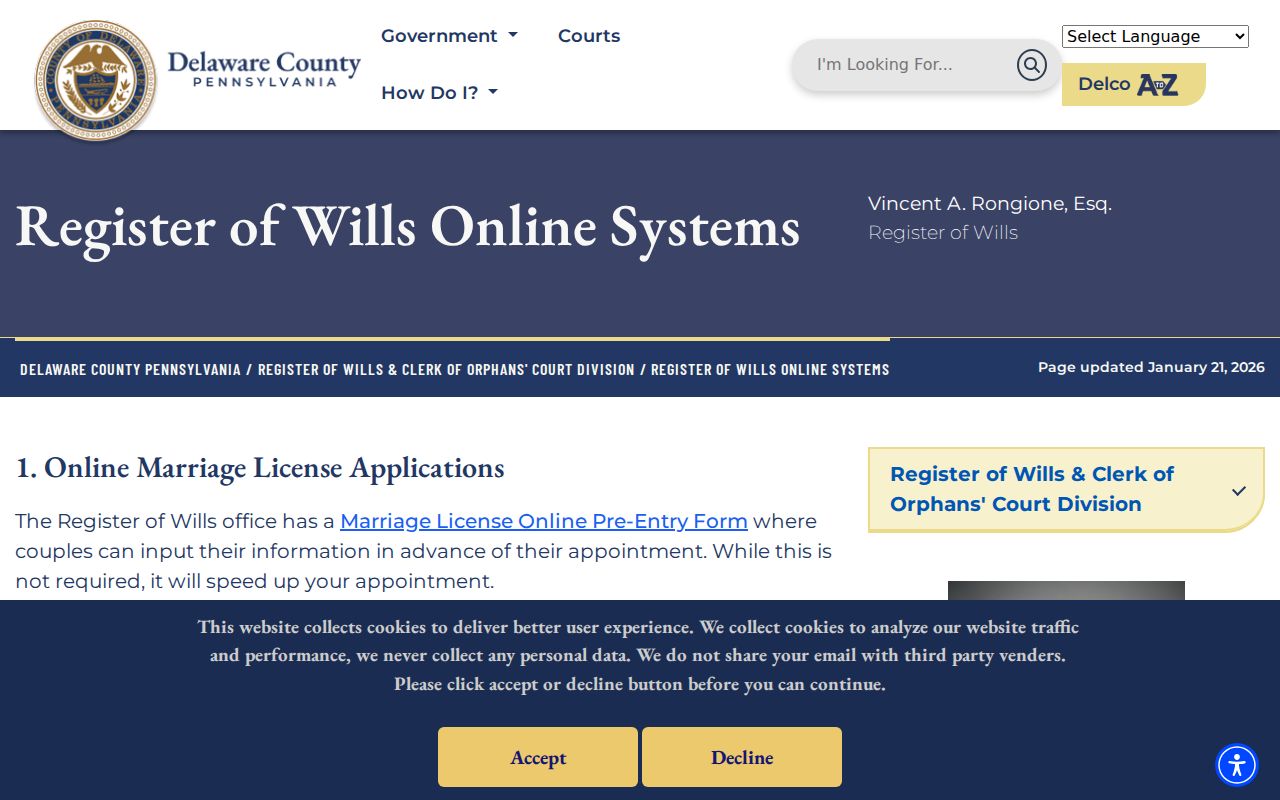 Chester previous residents Register of Wills guest search instructions