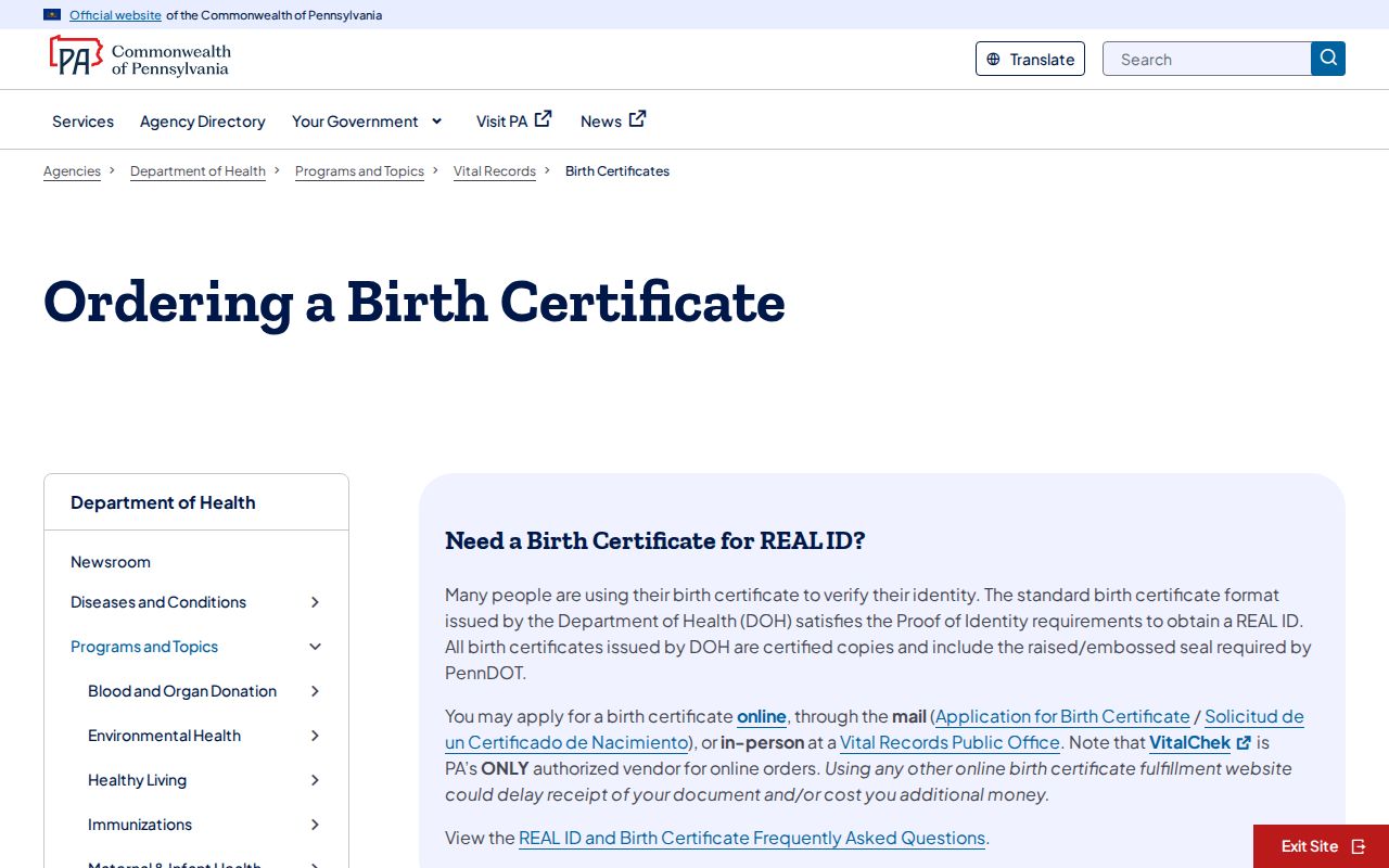 Chester resident lookup through Pennsylvania birth record ordering