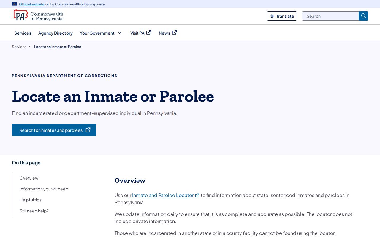 Chester resident lookup limits on Pennsylvania DOC inmate and parolee locator