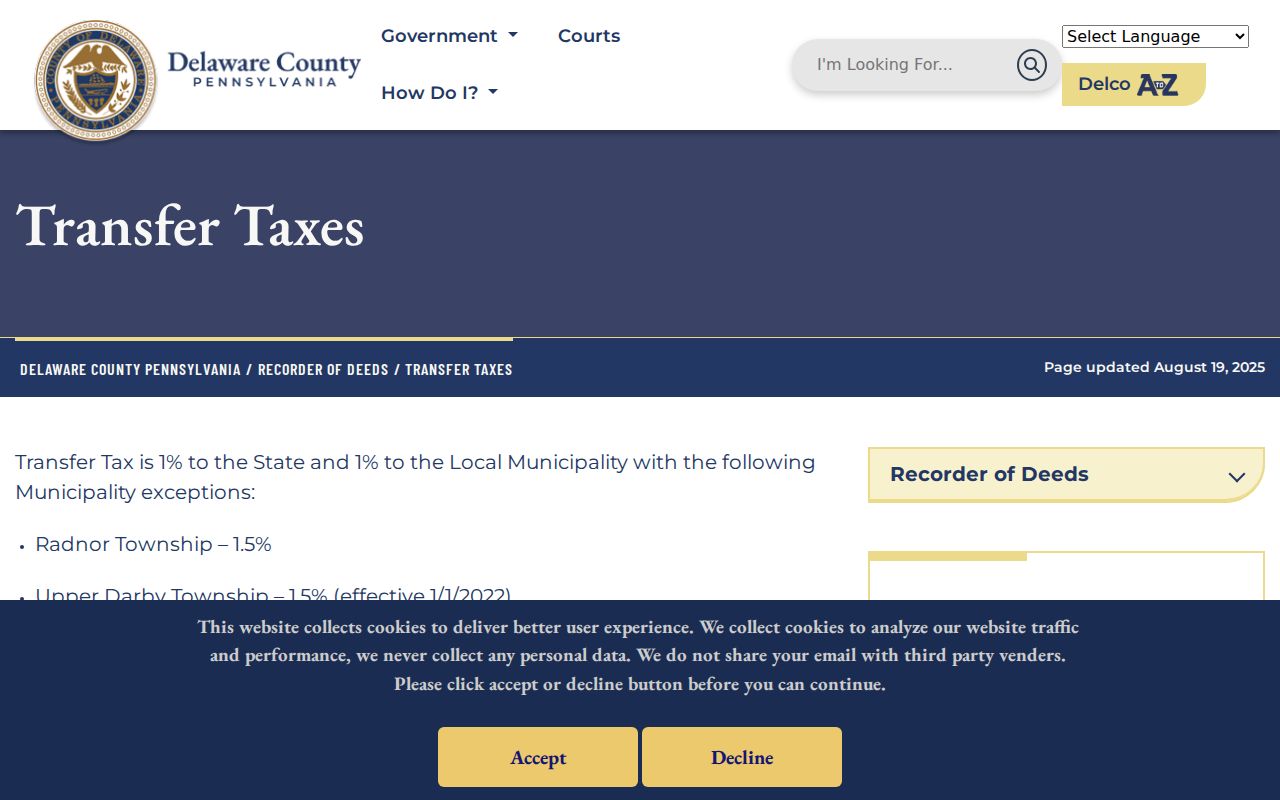 Chester street directory Recorder transfer-tax information for property records