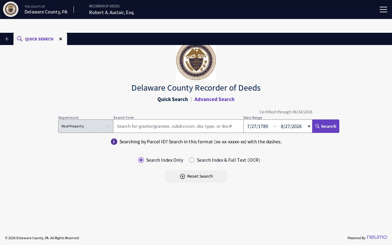 Chester street directory Recorder Cloud Search deed and parcel index